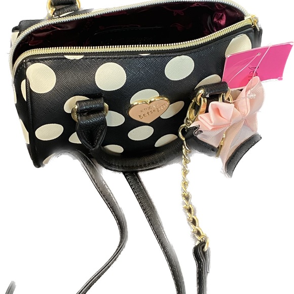 Betsey Johnson Black White Polka Dot Mini Bag Handle Small Bow Pocketbook - Picture 2 of 7